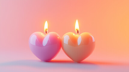 Dwie zapalone świece w kształcie serc na delikatnym tle.