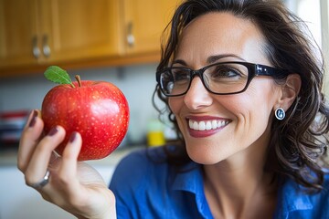 smiling woman holding an apple