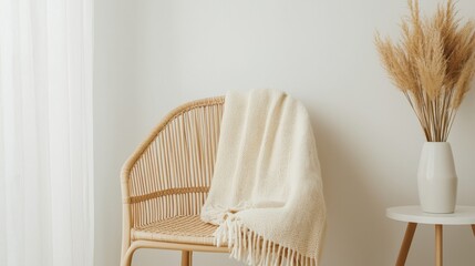 Neutral toned throw blanket on simple chair in minimalist interior