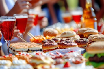 A group of friends are relishing breakfast and muffins at a bakery or pastry shop - A happy couple is enjoying a cupcake with whipped cream in a cafe - A young woman is feeding her boyfriend