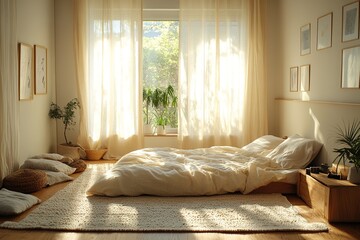 Bright and airy bedroom features soft bedding and warm sunlight