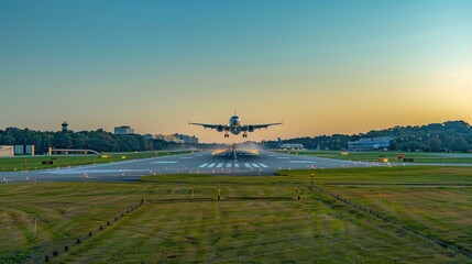 Fototapeta premium Airplane Landing at Sunset: A Breathtaking View of Aviation