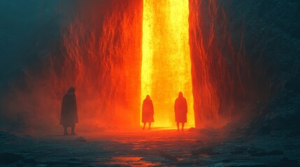 Naklejka premium Three people are walking through a lava pit