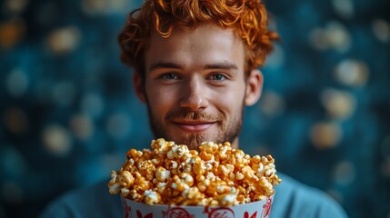 Naklejka premium Young man enjoying a large bowl of popcorn while smiling brightly at a gathering