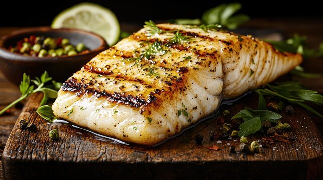 Grilled white fish fillet on wooden board with herbs and spices.