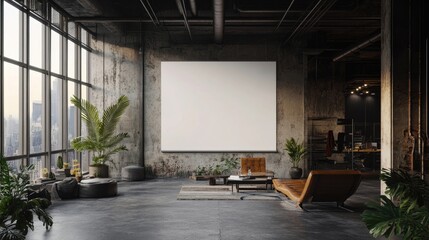 A large blank canvas hangs in a modern industrial loft apartment. The space is decorated with plants, leather furniture, and a minimalist aesthetic.