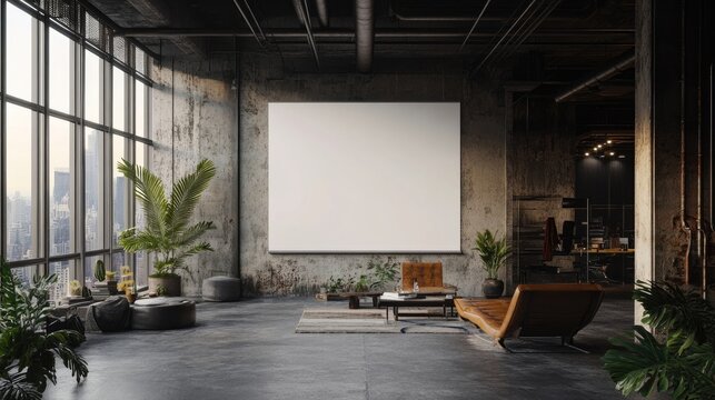 A large blank canvas hangs in a modern industrial loft apartment. The space is decorated with plants, leather furniture, and a minimalist aesthetic.