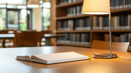 Quiet study space in library with row of desks and lamps for reading and learning
