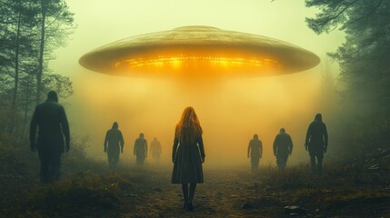 A group of people are walking through a forest and a large