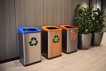 Three trash cans with green recycling symbols on them. One is blue, one is orange and one is silver