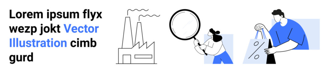 Industrial factory emitting smoke, person analyzing with magnifying glass, person carrying shopping bags with percentage sign. Ideal for industry, research, retail, shopping, discounts, economics