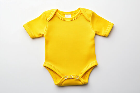 yellow baby onesie is displayed on a white background. Concept of innocence and warmth, as the bright yellow color is often associated with childhood and happiness. The baby's outfit is simple