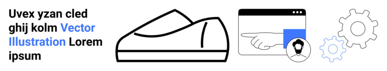 Shoe outline, webpage pointing hand icon, gears. Ideal for design, web development, UXUI, feedback, sneakers, technology, user interaction. Landing page