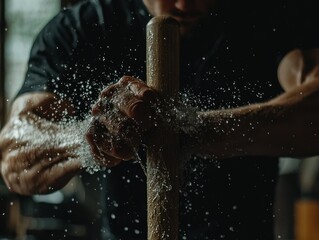 Muscular man's hands applying chalk to baseball bat.