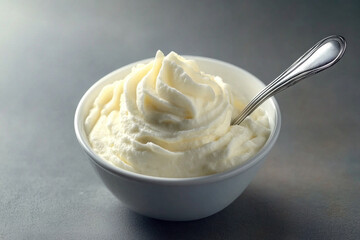 Bowl of whipped cream with spoon, on rustic wooden table.