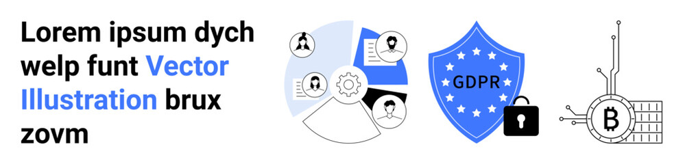 Shield with GDPR text, search, person icons, lock, Bitcoin symbol, nodes, CPU, network. Ideal for data protection, cybersecurity, privacy policies, blockchain security, encryption, technology