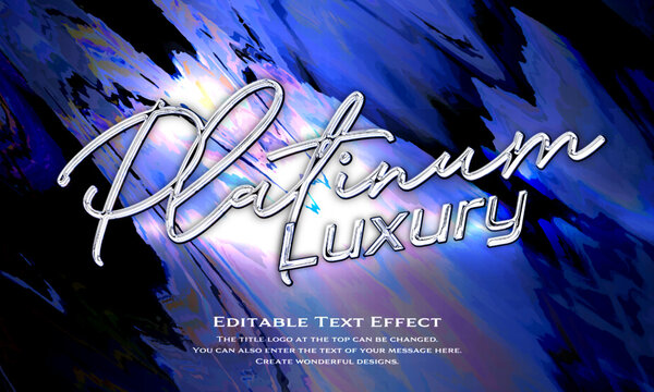 &rdquo;Platinum Beauty&rdquo; chrome metallic editable title logo text style effect, with seamless and blue antique glass holographic background. cursive script, script, handwritten,handwriting typeface
