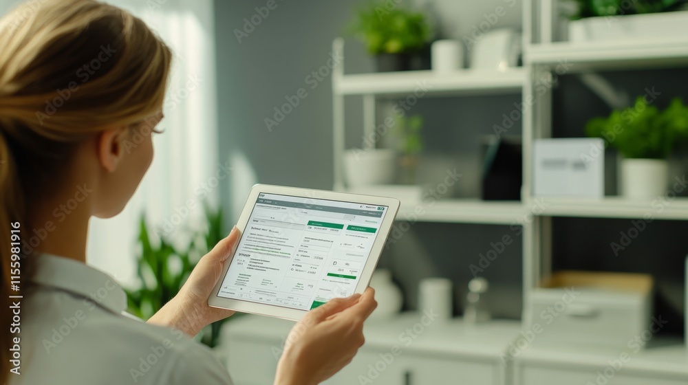 Poster analyzing business performance using tablets in modern office spaces with greenery and minimalist de