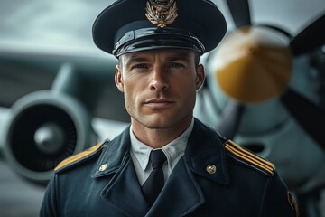 Military officer stands proudly in uniform at airport during early morning light