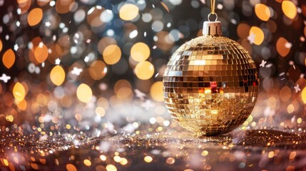 Obraz premium Golden disco ball with sparkling reflections and bokeh light effects in a festive ambiance
