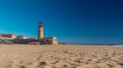 Lisbon, Portugal's Cascais is home to the Santa Marta lighthouse and municipal museum. On a lovely day, the Lighthouse Museum of Santa Marta in Cascais, Portugal, as viewed from Santa Marta Beach. 
