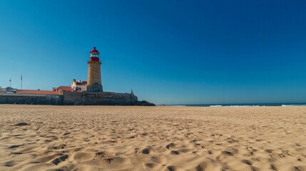 Lisbon, Portugal's Cascais is home to the Santa Marta lighthouse and municipal museum. On a lovely day, the Lighthouse Museum of Santa Marta in Cascais, Portugal, as viewed from Santa Marta Beach. 