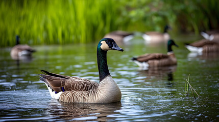 Obraz premium Majestic Canada Goose in Serene Pond, Nature Wildlife Photography