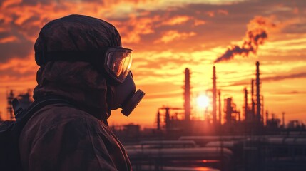 Fototapeta premium Industrial worker in protective gear at sunset oil refinery environmental scene urban landscape dramatic perspective