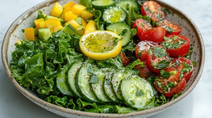 Vibrant Summer Salad: A Refreshing Kale, Cucumber, Tomato, and Lemon Delight