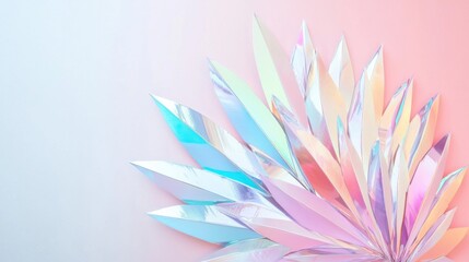 Obraz premium Silver holographic feather arrangement in fan shape on pastel background