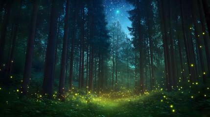Enchanted Forest at Night with Glowing Fireflies