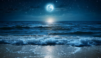Full moon over tranquil ocean at night, starry sky, waves on sandy beach