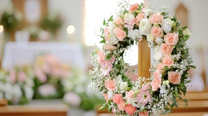 Spring floral wreath display on wooden easel for seasonal decoration and celebration