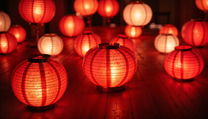 Obraz premium Red paper lanterns glowing softly on a wooden surface