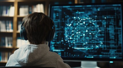 Student learning in a digital environment with headphones