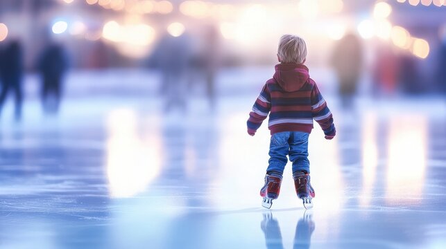 Child skating on indoor ice rink. Kids skate.