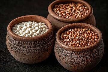 Fototapeta premium Three clay pots filled with different types of seeds or grains. A rustic and textured still life.