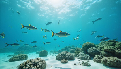 Fototapeta premium Underwater scene with fish swimming among coral reef