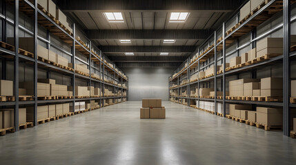 Fototapeta premium Warehouse or industry building interior, showing a distribution center with shelves and boxes, ideal for storage and shipping operations.