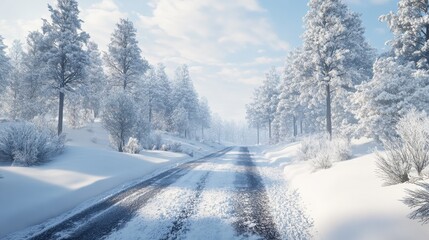 Fototapeta premium Wintery Road Through Snow-Covered Forest