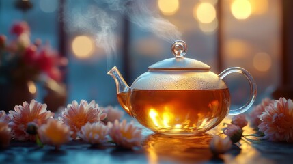 Warm herbal tea steaming in a glass teapot surrounded by flowers during a cozy evening