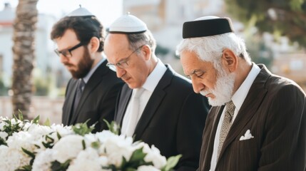Traditional jewish funeral ceremony with group reflection and floral tributes