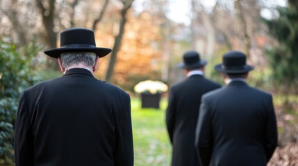 Traditional jewish funeral ceremony in nature with group of mourners
