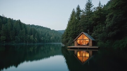 Fototapeta premium Tranquil lake cabin at dark sky reserve for stargazing vacation retreat