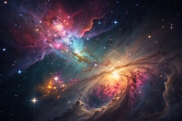 Cosmic explosion with vibrant nebula, swirling galaxies, celestial light burst, and space dust