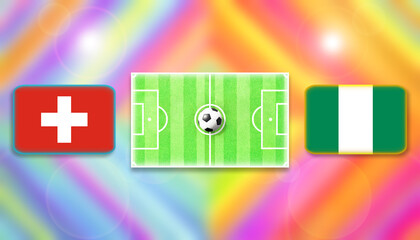 Swiss and Nigeria flag on soccer field with ball.Football match concept against multicolored abstract background.Copy space for text.	