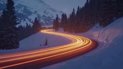 Long exposure of car lights on snowy mountain road at dusk with forest and blue hour glow