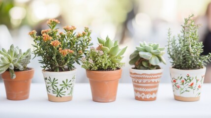 Fototapeta premium Unique hand painted flower pots for spring wedding table decorations