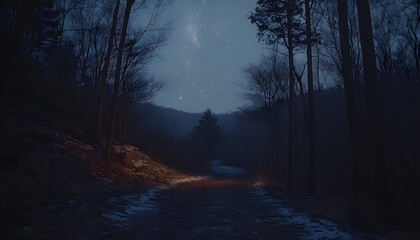 Obraz premium Mystical Night Forest Path Under Starry Sky