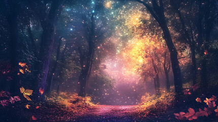 Enchanted Autumn Forest Path at Night: Magical Stars and Glowing Trees